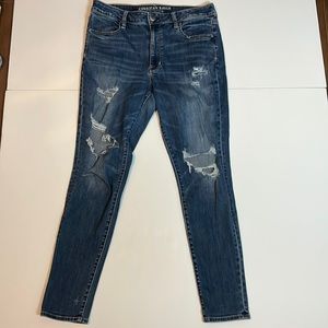 American Eagle high rise begging jeans blue denim super stretchy sz 14
